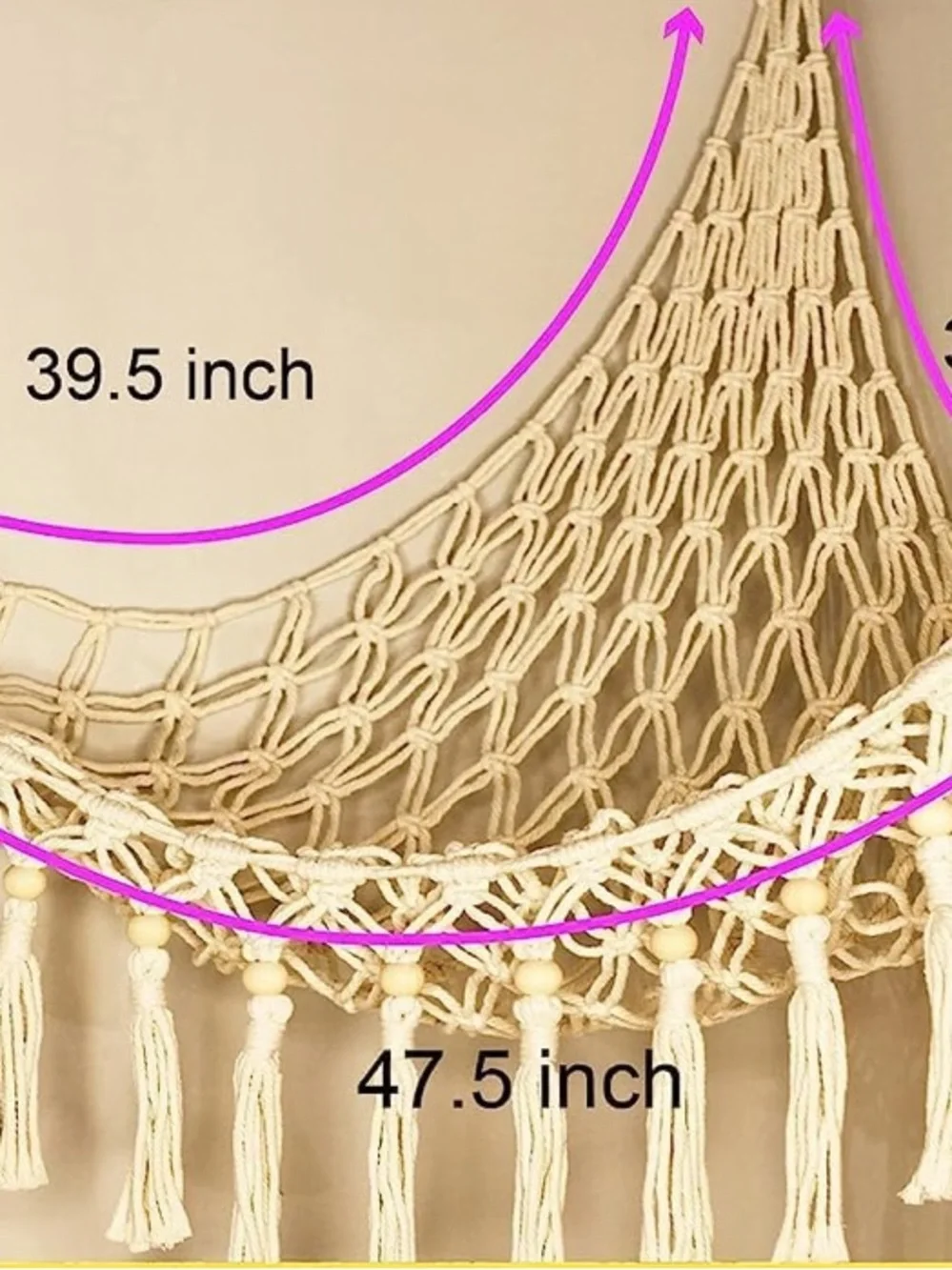 Cream Macrame Hanging Hammock Shelf with Tassels & Lights